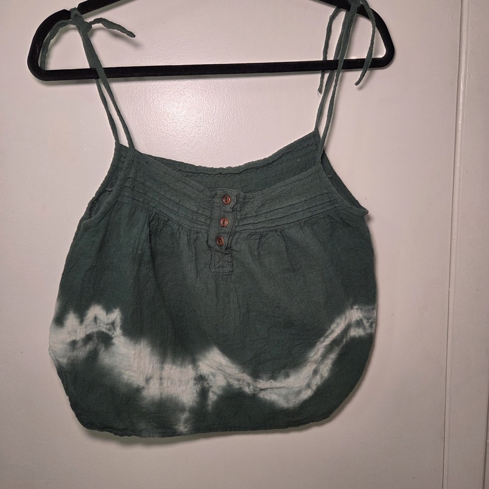 Boho Tie Dye Tank Top Womens Small‎ Green White Spaghetti Strap Button Front